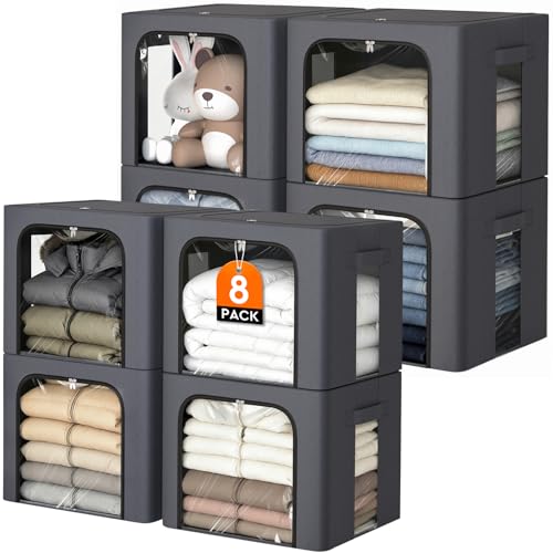 Image of 8 Pack Clothes Storage Bins with Metal Frame,Stackable Organizer Bins with Handles for Closet & Bedroom(Light Grey)