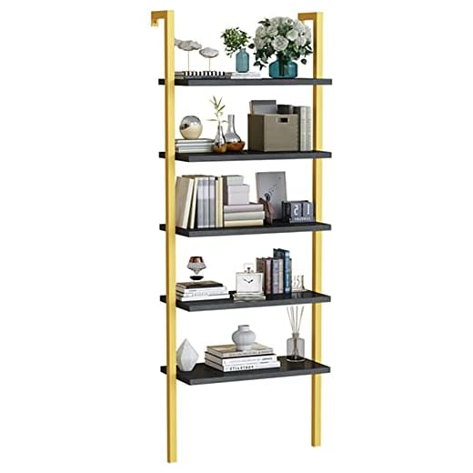 AWQM 5 Tiers Bookshelf, Modern Bookcase Wood Wall Mounted Bookshelf,Industrial Ladder Shelf with Stable Metal Frame,Open Display Rack Storage Shelves for Living Room/Home/Office,Gold +Black