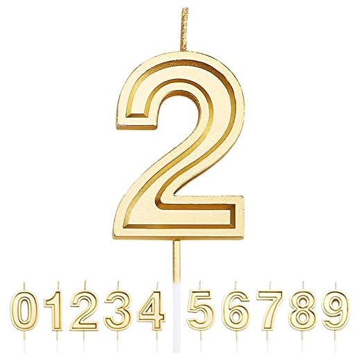 URAQT Velas Cumpleaños Número 2, Velas de Pastel de Cumpleaños, Velas Doradas para Cumpleaños/Aniversario de Bodas/Fiesta de Graduación, Número 0-9 para Elegir…