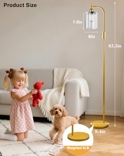 Image of Lightdot 63IN Glass Floor Lamp for Living Room, Dimmable Gold Floor Lamps with Clear Glass Shade, Mid Century Modern Standing Lamps with Bulb Included for Bedroom /Sofa Beside /Corner Decor-Gold