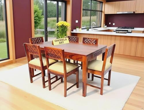 Image of Sheesham Wood Oval Dining Table with Cushion Chairs Set for Home Hall | Solid Wood Dinner Table with Chairs for Hotels | Dining Room Sets (Honey Teak Finish, 6 Seater)