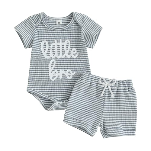 Image of VISGOGO Baby Boy Shorts Set Newborn Infant Summer Outfit Striped Half Button-up Short Sleeve Bodysuit Elastic Waist Shorts