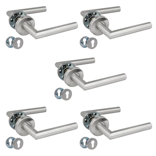 Amig - Set di 5 maniglie con rosetta per porte | Mod. 7RBX | 135 x Ø19 mm | Quadretto da 8 mm | Design Elegante e Semplice | Acciaio Inossidabile | Include Bocachiave per Cilindri | Argento Opaco