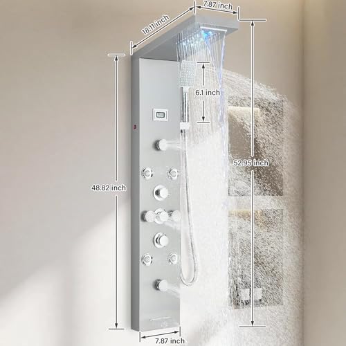 Image of FUZ Shower Panel Tower System, Stainless Steel 6 IN 1 Shower Panel System with LED Fancy Rain Shower Head and Handheld, Adujstable Rainfall Massage Body Jets and Tub Spout, Brushed Nickel Shower Tower
