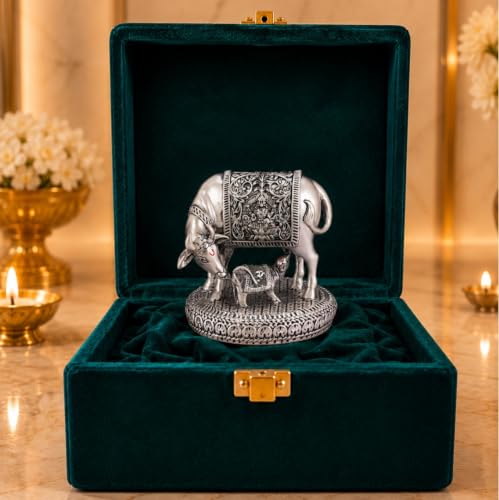 Image of Gold Art India Kamdhenu Cow with Calf Idol | 999 Silver Plated | Antique Matte Finish | Premium Peacock Green Velvet Gift Box | Sacred Gau MATA Vastu Idol for Home Temple, Office & Spiritual Gifting