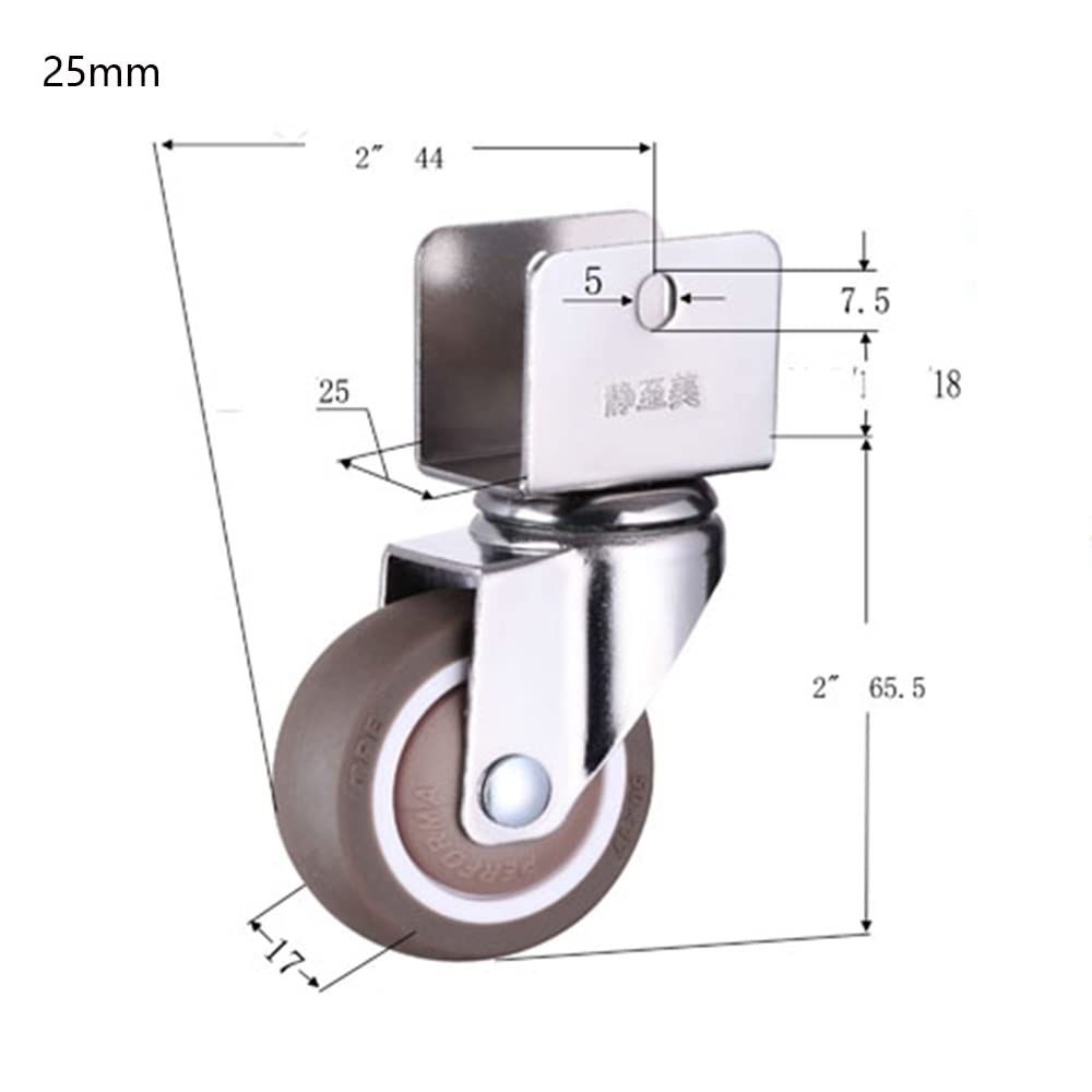 FREAZE 5,1 cm U-Halterungsrollen Lenkrollen für Möbel, geräuschlose Lenkrollen für Babybett, Gummirollen mit Schrauben, U-Halterung-16 mm/18 mm/20 mm/22 mm/25 mm (Farbe: 4 mit Bremse, Größe: 25 mm)