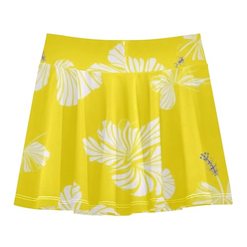Joisal White Hibiscus Flowers Yellow Kids Tennis Skirts Flowy Girls' Shorts Athletic Skorts Pleated Skort 4t2