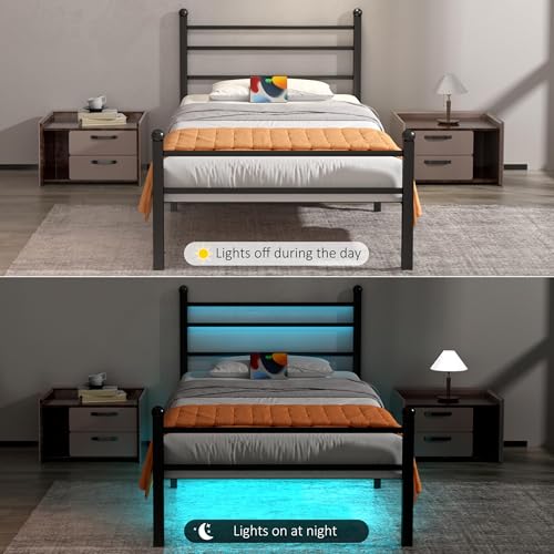 Image of J.Fkne Twin Bed Frames with LED Lights & Charging Station, Platform Bed with Headboard, Heavy Duty Metal Slats Support, No Box Spring Needed, Noise Free, Easy Assembly