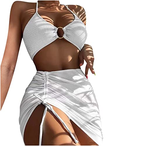 Trajes de baño 3 piezas para mujer con conjunto de bikini halter, anillo y falda con cordón.