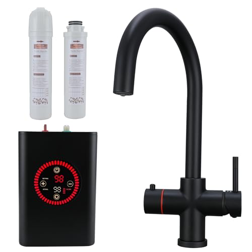 4-in-1 Boiling Water Tap Instant Hot Water Tap Boiling Filtered Cold Main Hot & Cold Kitchen Tap with Boiler and Filter WRAS Approved Matt Black
