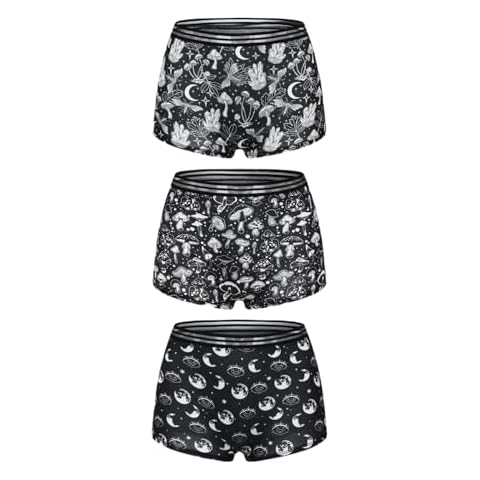 Morvia 3pcs Women Gothic Halloween Skulls Print Contrast Binding Boyshorts Underwear Elastic Waist Intimates Panties (US, Alpha, XX-Large, Regular, Regular, Black) Cover