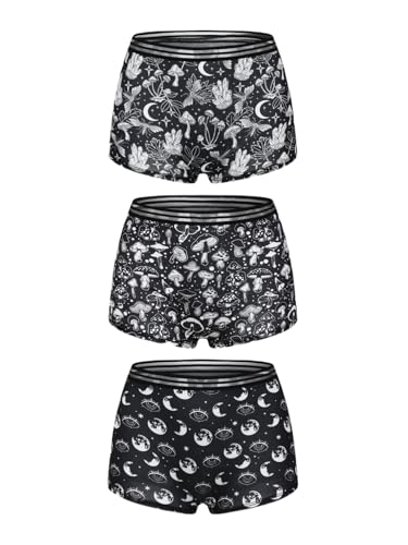 Morvia 3pcs Women Gothic Halloween Skulls Print Contrast Binding Boyshorts Underwear Elastic Waist Intimates Panties Black S