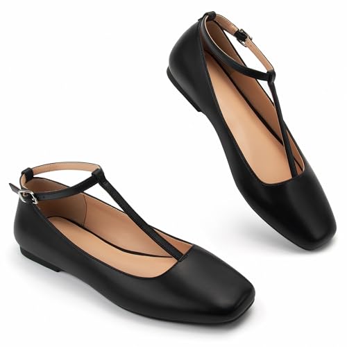 Mary Jane Flats Women Adjustable T Strap Square Toe Ballet Flats Ankle Strap Dress Comfortable Flats for Work,Date Nights Party,Office,Wedding