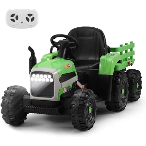 Kids Ride on Tractor Ride on Toys for Kids Electric Tractor with Trailer Dual 35W Motors 12V 7AH Kids' Electric Vehicles Remote Control Tractor Toys with EVA Treaded Tires LED Light (Green) Cover