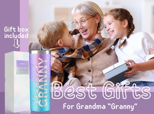 Image of Onebttl Christian Grandma Gifts for Mother's Day, 20oz Purple & Blue Glitter Skinny Tumbler, Straw & Lid Included, Granny Gifts - Blessed Granny