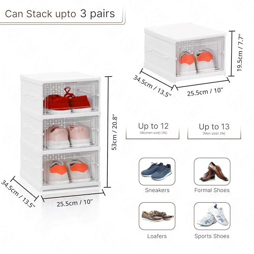 Image of ABOUT SPACE 3 Layer Plastic Shoe Rack |Foldable Shoe Organizer Storage Box|Collapsible Shoe Rack for Sneakers, Boots|Multipurpose Cabinet Organizer for Shoe, Slippers,Books (White 25.5 x 34.5 x 53 cm)