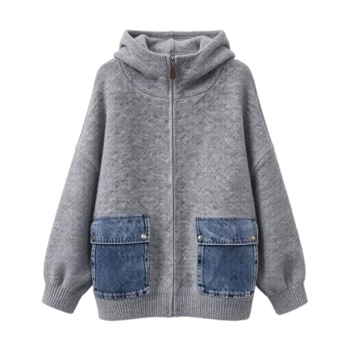 JiXiang Knit Cardigans for Women Zip Up Long Sleeve Cozy Fall Sweater Mock Neck Hooded Outerwear with Denim Patch Pockets - image 4