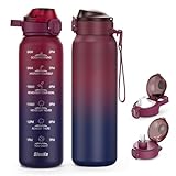 SLUXKE Insulated Water Bottle 32oz with 2Lids(Straw Lid & Spout Lid), 1L Double Walled Water Bottle with Time Marker, 1000ml Stainless Steel Metal Flask for Fitness, Gym and Outdoor RED BLACK
