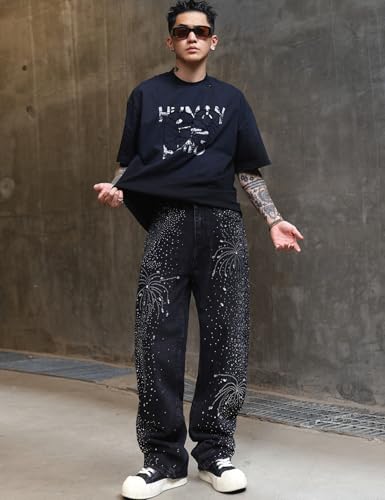Men Loose Rhinestone Crystal Denim Jeans2