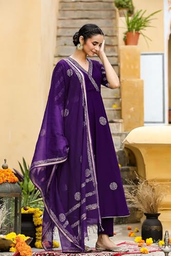 Image of GoSriKi Women's Cotton Blend Printed Anarkali Kurta with Pant & Dupatta | Ethnic Wear for Women | Indian Casual Office Daily Summer Outfit