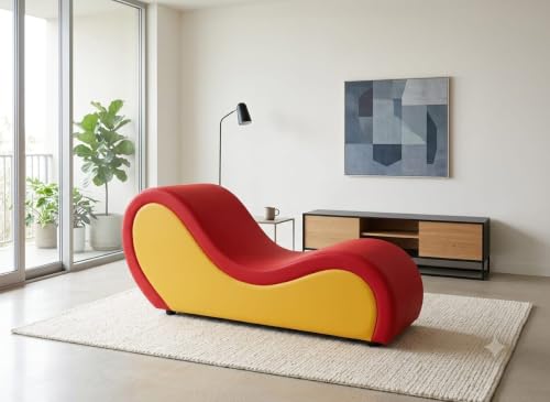 Image of SOUL CRAFT Sheesham Wood Leatherate Tantric Loung Chair, Yoga Chaise Lounge,Chaise Sofa Modern Lounge,Relaxing Chaise Lounge Chair, loveseats with Cushion (RED and Yellow)