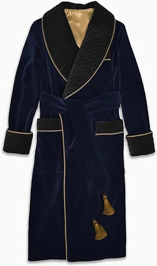 Men's Blue Long Gown Jackets with Black Fine Quilted Cord Piping Long Smoking Jacket Evening Wear