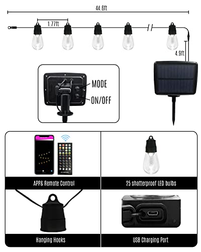 Solar String Lights App Remote Control, 50Ft(45+5) Outdoor Lights Waterproof Warm/Cool White Dimmer Custom Display Patio Lights Timer Music Solar Powered/Usb Charging Edison Light For Unbrella Balcony #TOP5