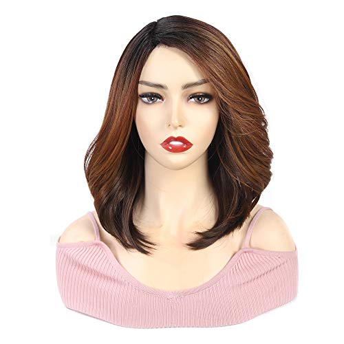 X-TRESS Classic Realistic Bob Wig Ombre Brown Short Hair Side Part Heat Resistant Fiber for Black Women Synthetic Wigs