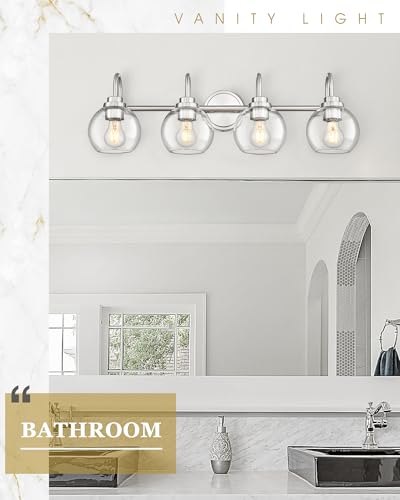 Image of Bathroom Light Fixtures, 4-Light Brushed Nickel Vanity Lights Over Mirror with Globe Clear Glass, 30 Inch Modern Vanity Lighting Fixtures, AD-22280-4W-SN