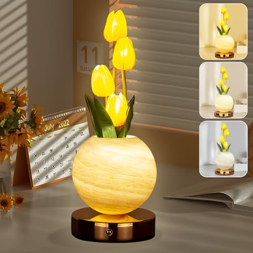 Wekity Tulip Flower Lamps, 3 Colors Dimmable Planet Night Light, Rechargeable Cordless Tulip Small Table Lamp for Date Party Home Decoration (Orange)