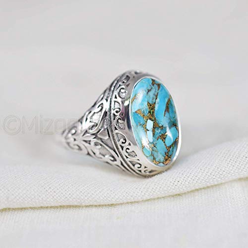 Boho Men's Ring Natural Blue Copper Turquoise Ring Birthday Gift For Husband Oval Cabochon Gemstone Mans Ring 925 Solid Silver Hippy Ring