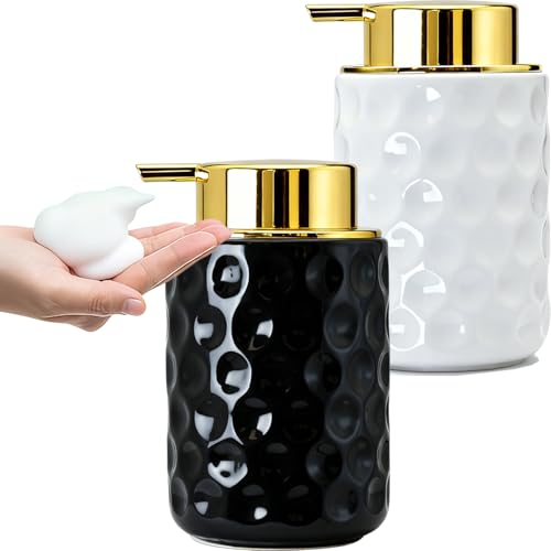 iDourer Foaming Soap Dispenser 2 Pack, Ceramic Foam Dispenser with Gold Pump for Bathroom&Kitchen, Hand Refillable Dispenser, 12oz (White and Black)
