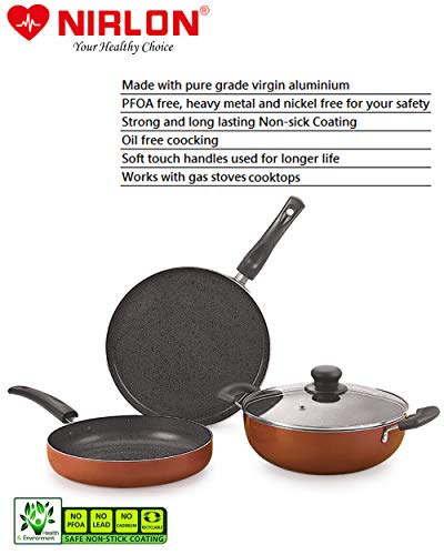 Image of Nirlon Brownie Granite 7-Piece Aluminium Non Stick Cookware Gift Set with Glass Lid & 3 Spoon Brown (Compatible with All Gas & stovetops Only)