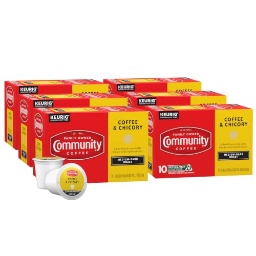 Image of Community Coffee Coffee and Chicory K-Cups, Medium Dark Roast, 10 Count (Pack of 6)