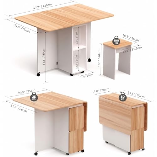 Image of TEKAVO Zydra Foldable Dining Table with 4 Chairs I Folding Space Saving Dining Table 4 Seater I Movable Furniture with 6 Wheels I White & Mile Oak I (120L x 80W x 80H CM) - DIY.
