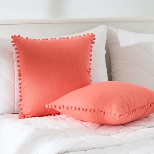 Image of 100% Cotton Pom Pom Cushion Without Filler, Elegant & Modern Cushion Cover for Living Room, Square Shape, 16 inchx16 inch, uni slub, Set of 3 - Coral