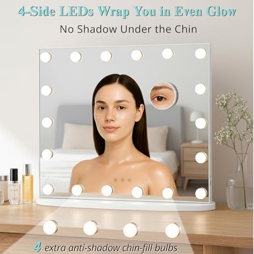 Image of LUXFURNI Vanity Mirror with Lights, 23.6 inch Hollywood Makeup Mirror White | 18 Surround LED Bulbs, 360 Shadow-Free Lighting, 3 Color Modes, USB Charging, Tabletop & Wall Mount for Bedroom Dorm Desk