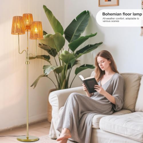 Image of MAYNA 3-Light Gold Boho Floor Lamp with Handwoven Rattan Shades