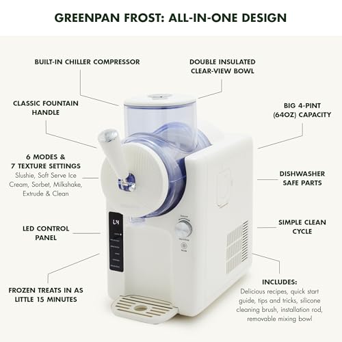 Image of GreenPan Frost Ice Cream Maker & Slushie Machine, Mixing Bowl included, Soft Serve, Sorbet, Margaritas, Milkshakes, Frozen Yogurt, No Pre-Freezing, Ready in 15 Mins, 6 Modes, Self-Cleaning, Cream