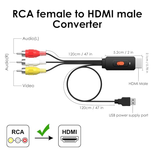 Image of RCA to HDMI Converter, Male AV /Composite to HDMI Cabler Adapter Support 1080P, Compatible with DVD Players