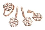 Snowflake Design! Turkish Handmade Jewelry Round Cut White Topaz 925 Sterling Silver Rose Gold Set Earrings, Pendant and Ring Size Options