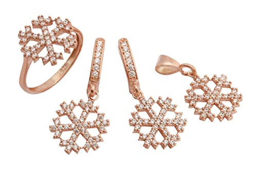 Snowflake Design! Turkish Handmade Jewelry Round Cut White Topaz 925 Sterling Silver Rose Gold Set Earrings, Pendant and Ring Size Options