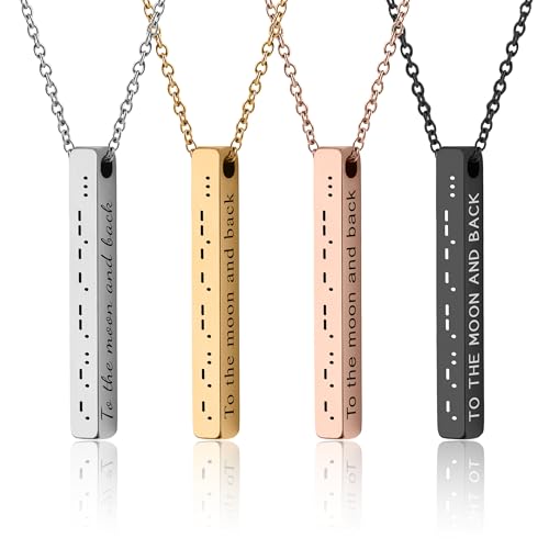 Personalized Necklace With Secret Morse Code - 4 Sides Engraved 3D Verticat Bar Pendant with Custom Text, Jewellery Gift for Boyfriend or Girlfriend (KP.2) (Gold, Chain length: 24")2
