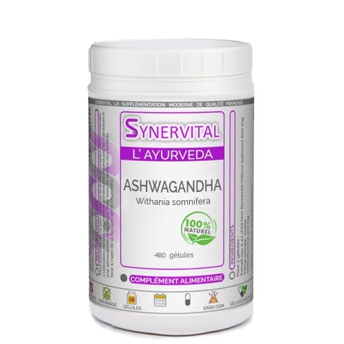 Ashwagandha Synervital 480 gélules dosées à 300 mg - Complément alimentaire - Stress, fatigue, insomnie, amélioration des performances - Fabriqué en France