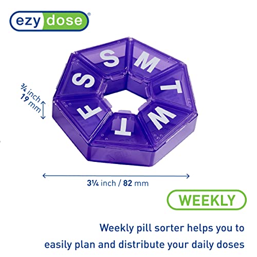 Image of Ezy Dose Weekly (7-Day) Pill Organizer, 7-Sided Medicine Planner, Purple | Compact Daily Round Vitamin & Supplement Medicine Case, Convenient and Easy to Use, Travel-Friendly Container, BPA-Free