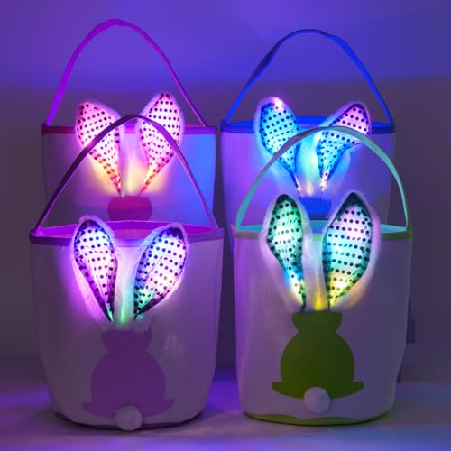 Image of Easter Bunny Baskets Empty with Lights, Large Easter Egg Hunt Baskets for Kids, Canvas Easter Basket Candy Tote Bags with Handles, Easter Decorations Party Supplies (Blue+Pink+Purple)