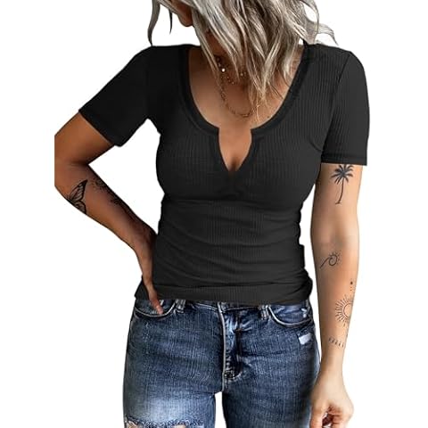 KINLONSAIR Women Casual Short Sleeve Tunic V-Neck Slim Fit T Shirts Basic Tee Tops Solid Ribbed Knit Shirt Black Cover