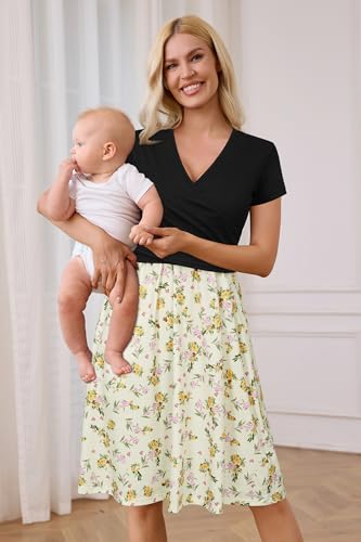 Image of OUGES Maternity Nursing Dress Breastfeeding Short Sleeve V Neck Casual Pregnancy Clothes with Pockets