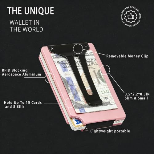 Image of Minimalist Wallet for Men, Slim Metal RFID Blocking Wallet Credit Card Holder Money Clip & Cash Strap, Scratch-Resistant Holds 15 Cards,Ideal Gift for Men | Matte Pink