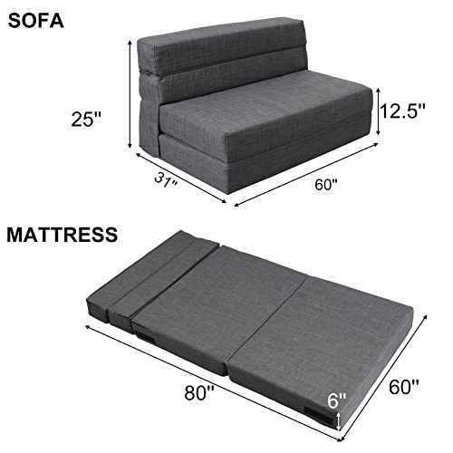 Anoner 60" Fold Sofa Bed Couch Memory Foam With 2 Pillows Futon Sleeper Chair Guest Bed And Fold Out Couch,Washable Cover Queen Size, Dark Gray #TOP2